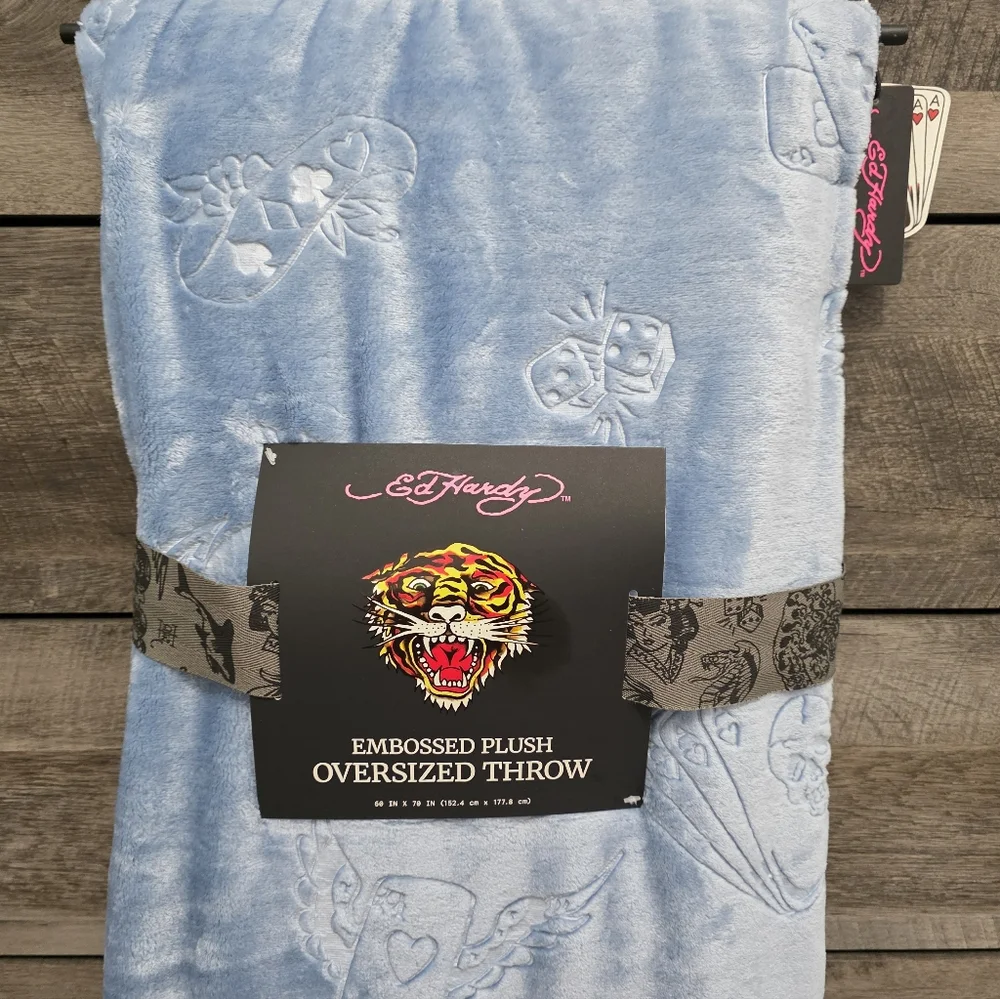Ed Hardy Blue Embrosed Throw Blanket